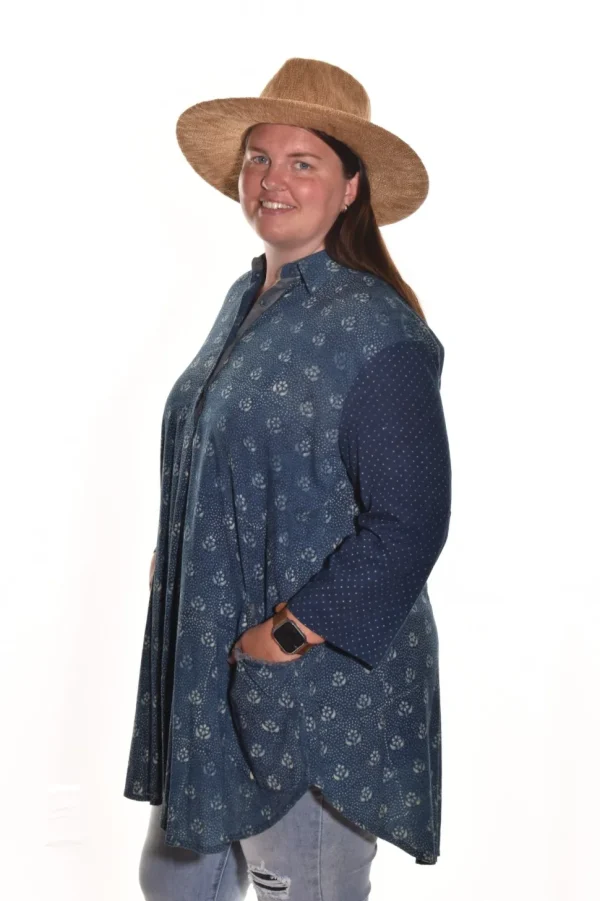 Lea. Double Pocket Tunic With Indigo Handblock Print In Organic Cotton.