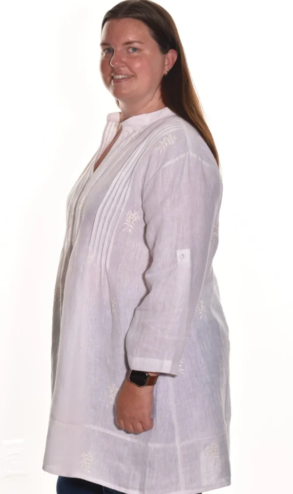 Lea. Embroidered Pintuck Tunic In Medium Weight Linen.
