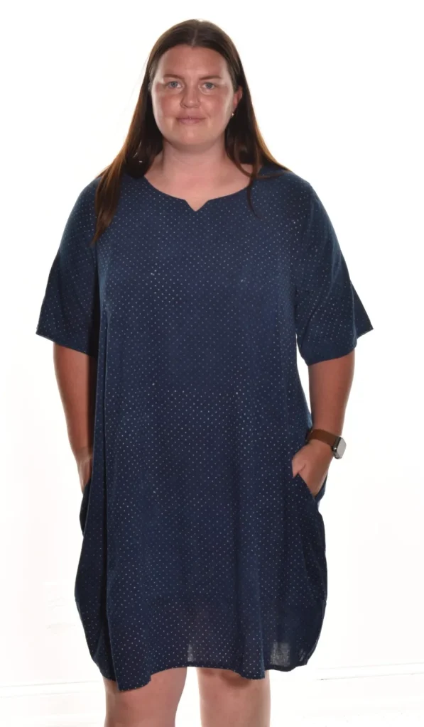 Lea. Lantern Dress With Indigo Polka Dot Handblock Print In Organic Cotton.