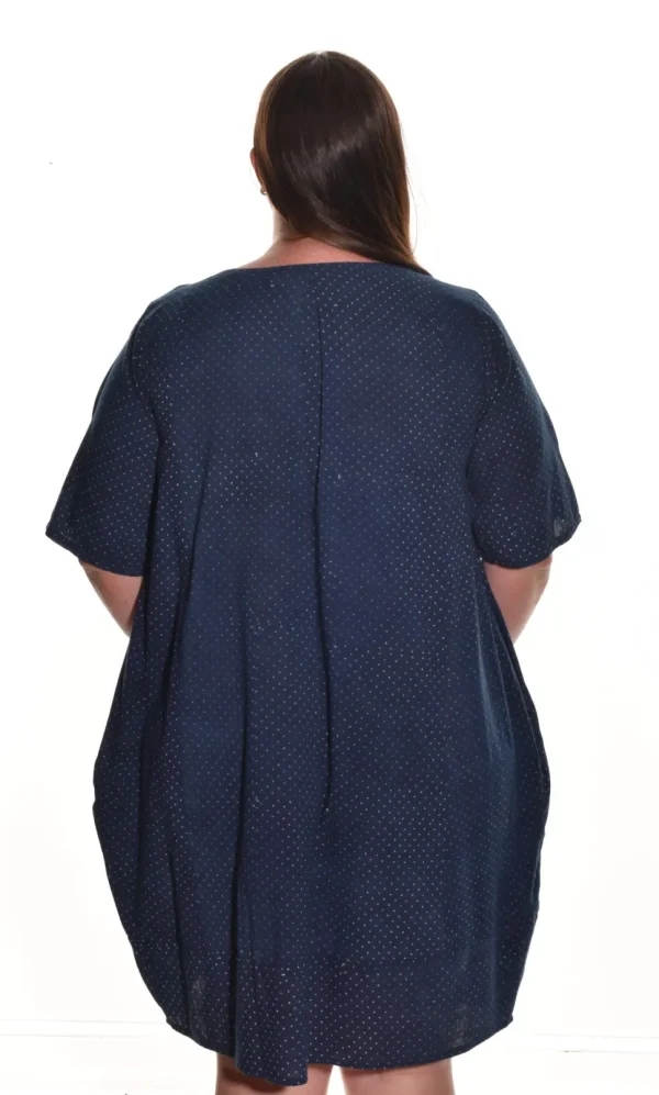 Lea. Lantern Dress With Indigo Polka Dot Handblock Print In Organic Cotton.