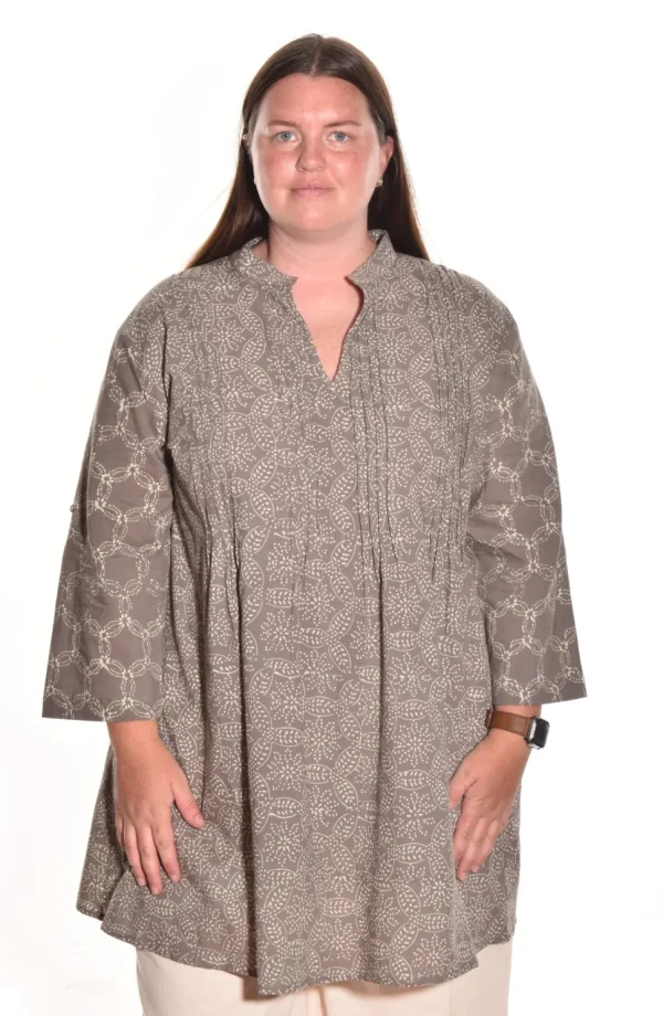 Lea. Pintuck Tunic With Katazome Handblock Print In Organic Cotton.